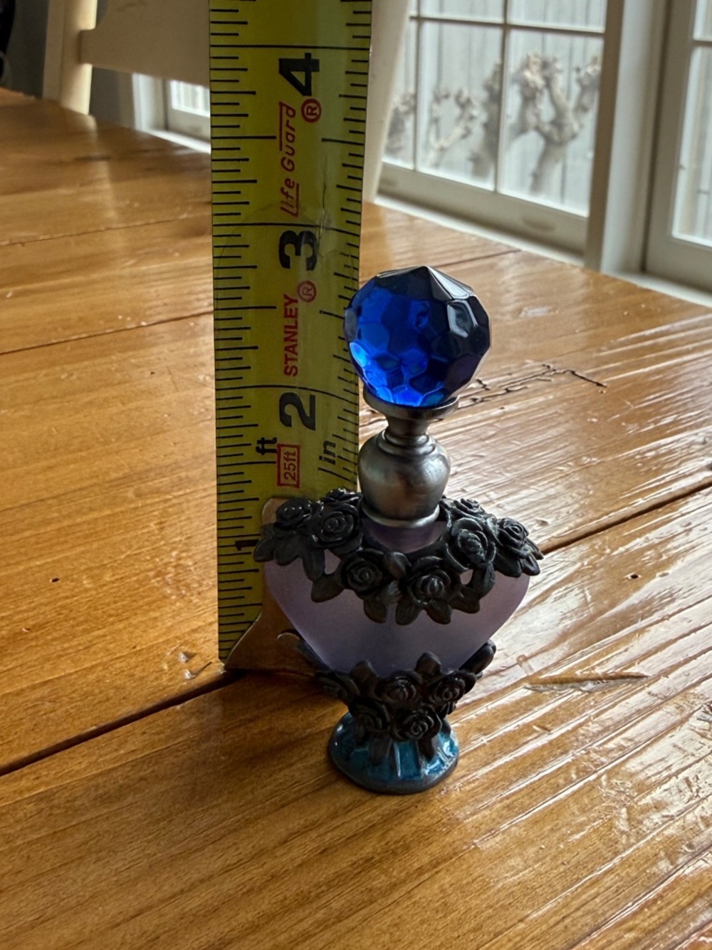 Vtg. Flower Frosted Lavender W/Cobalt Blue Stopper Anointing Oil Bottle (Empty) - Picture 11 of 12